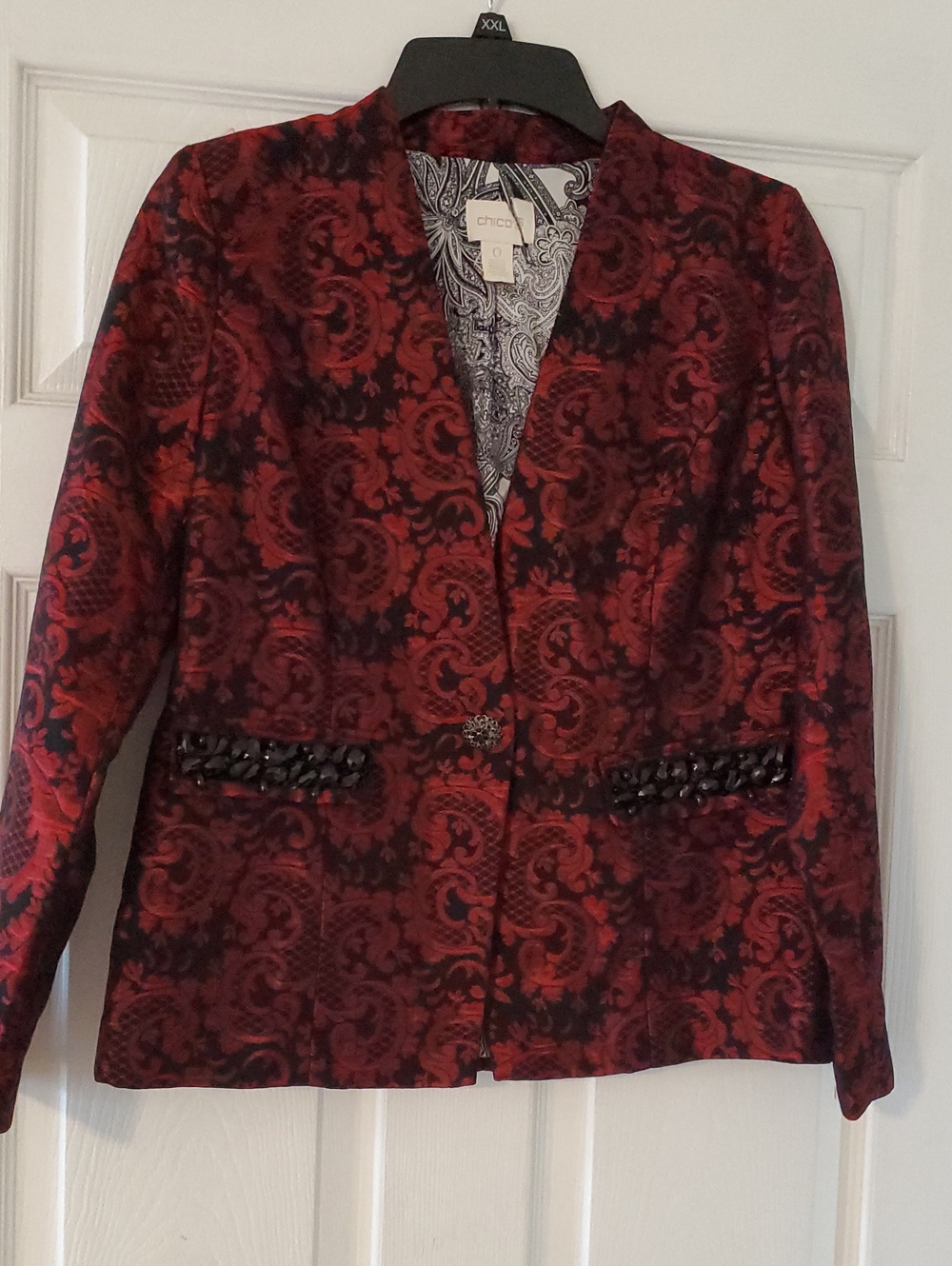 Chico's Red and Black Floral Jacquard Blazer